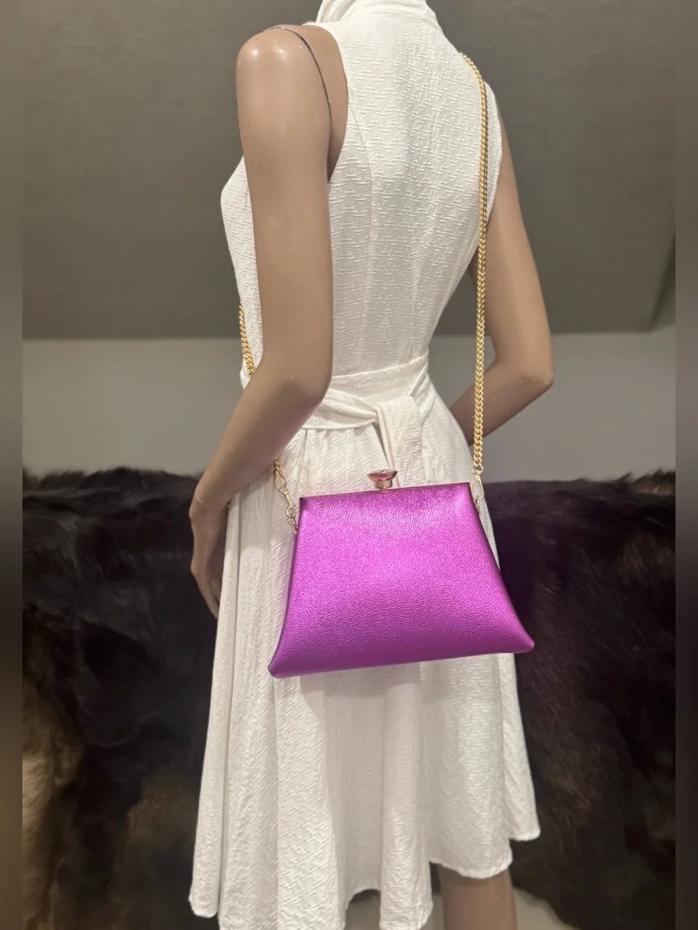 Metallic Purple Pebble Cowhide Handmade Push Lock Boxy Bag, Multi Use Style Bag